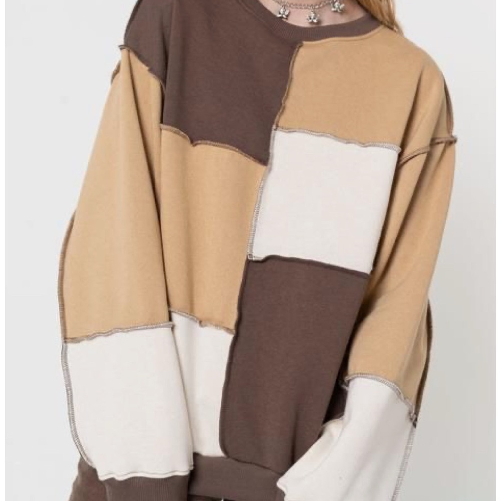 NWT Women’s Oversized Patchwork Sweatshirt - Beige, White, Dark Brown